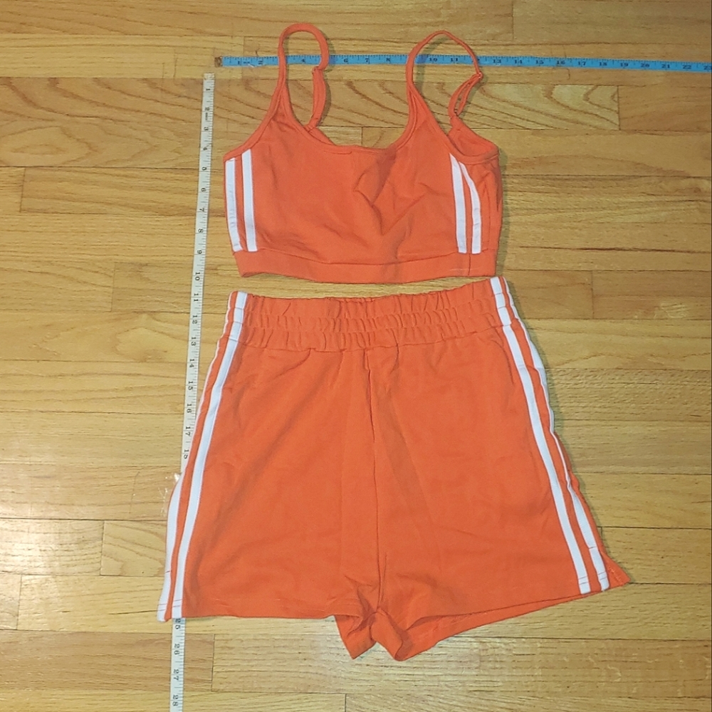 SMALL Orange 2 Stripe Set Workout Elastic Shorts Pockets Spaghetti Bra Cotton